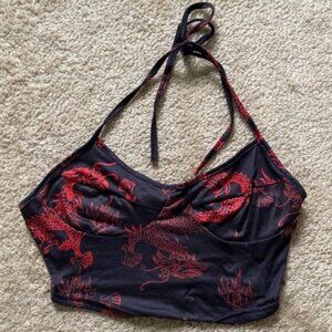 Chinese Dragon Print Asymmetrical Hem Crop Halter Top